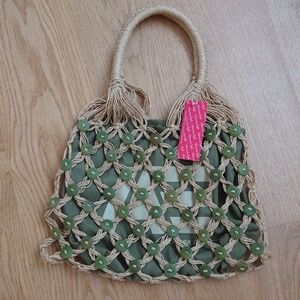 American Eagle Woven Shoulder Bag Olive Green Button Tan Natural Boho Hippie Bag